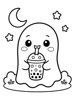 Free printable Cute Ghost Drinking Boba Tea coloring page