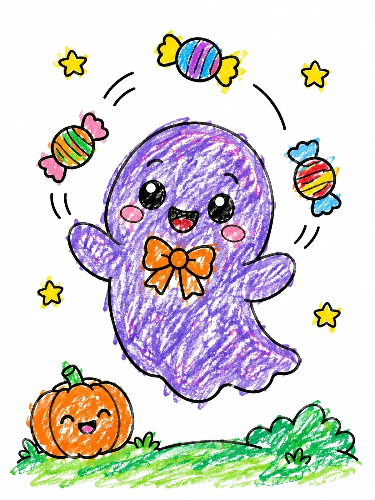 Colored example of the Cute Ghost Juggling Wrapped Candies coloring page