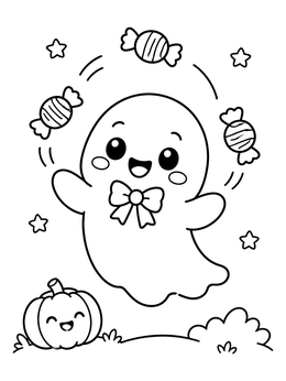 A kawaii halloween coloring page of a friendly ghost with a bow tie juggling candy over a small pumpkin.