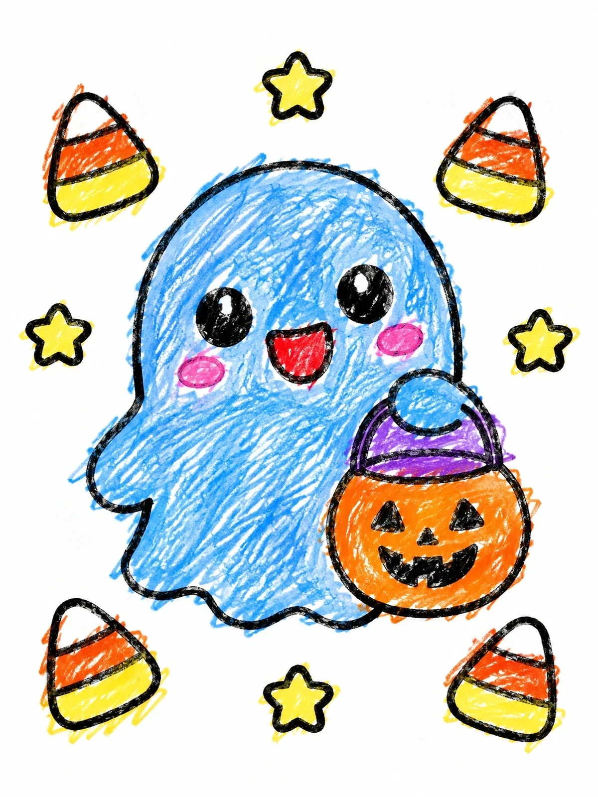 Colored example of the Cute Ghost With Pumpkin Bucket coloring page