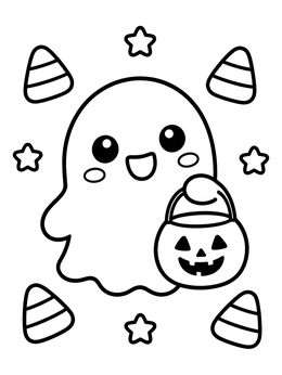 Free printable Cute Ghost With Pumpkin Bucket coloring page