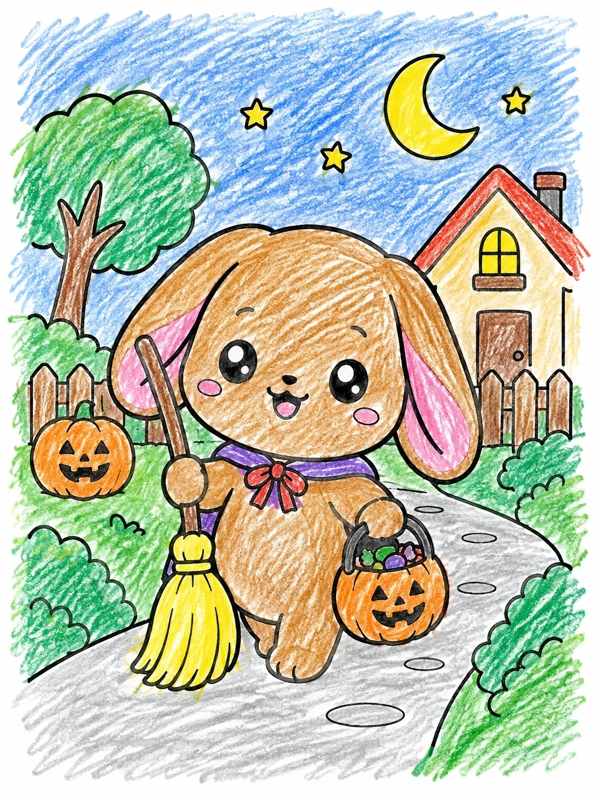 Colored example of the Cute Halloween Bunny Trick Or Treating coloring page