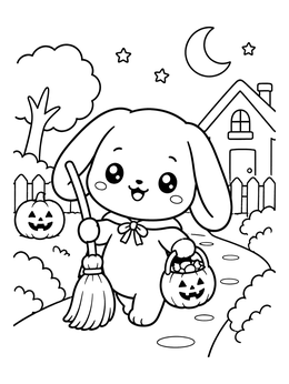 A kawaii halloween coloring page with an adorable bunny holding a broom and pumpkin basket.