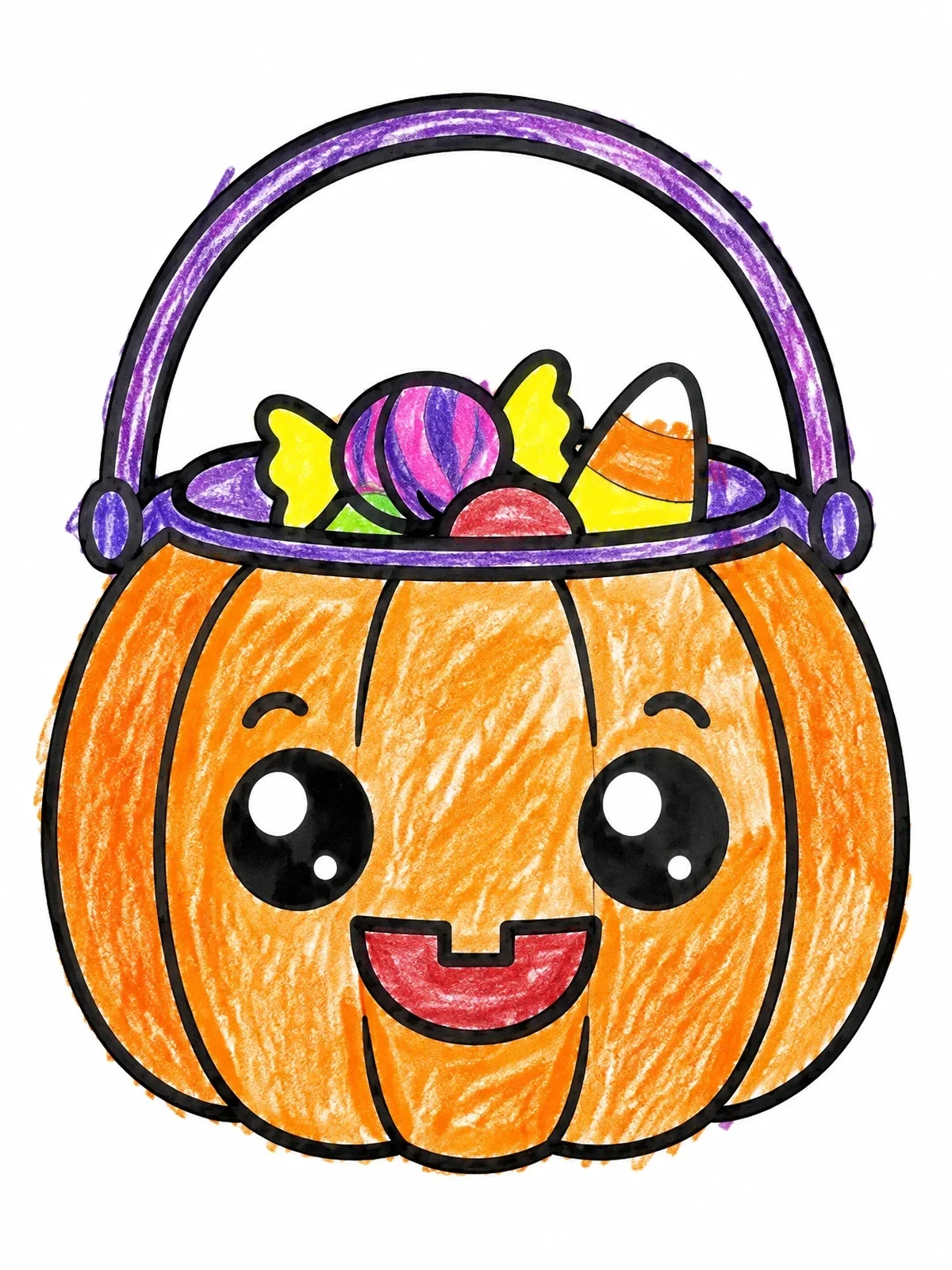 Colored example of the Cute Halloween Pumpkin Candy Bucket coloring page