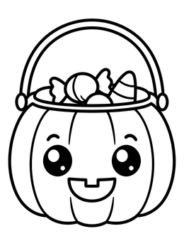 A kawaii halloween coloring page of a smiling pumpkin bucket full of treats.