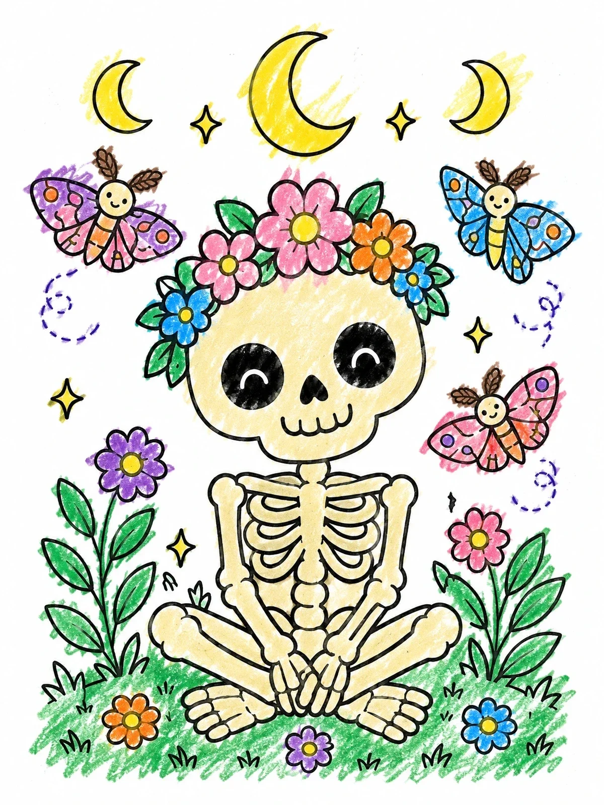 Colored example of the Cute Skeleton With Flower Crown coloring page