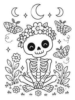 A kawaii halloween coloring page with a friendly skeleton wearing a flower crown among moths and moons.