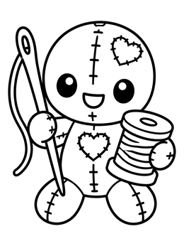 A kawaii halloween coloring page of a smiling stitched rag doll holding a needle and spool.