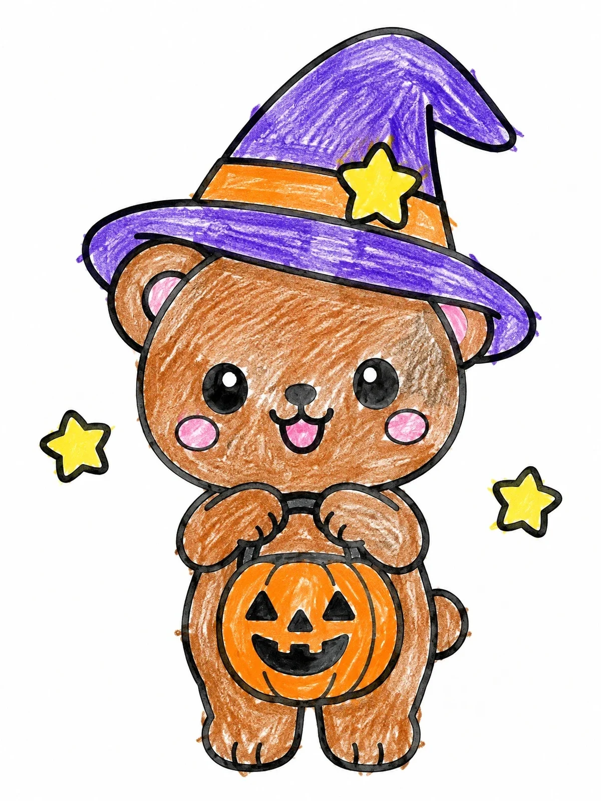 Colored example of the Cute Teddy Bear Wizard With Pumpkin coloring page