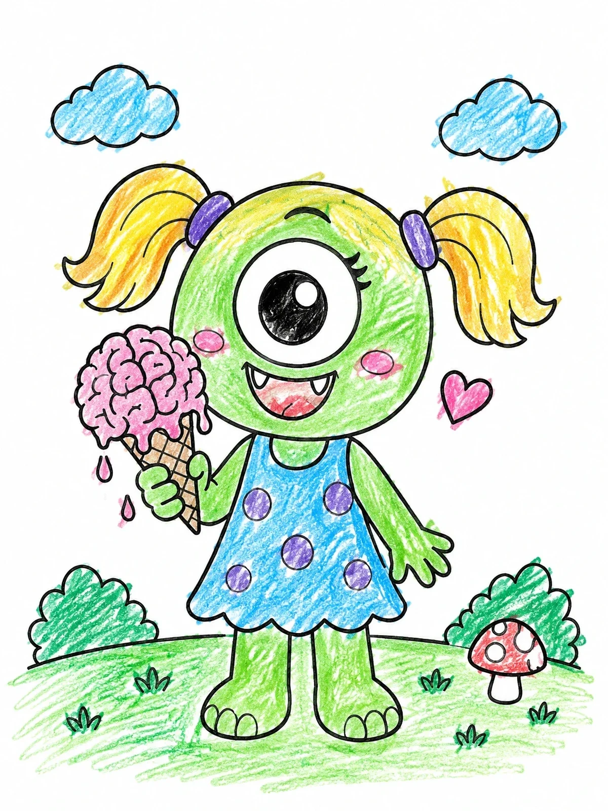 Colored example of the Cute Cyclops Monster With Brain Ice Cream coloring page