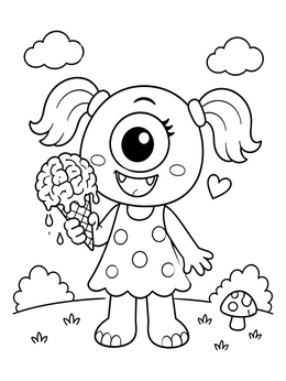 A kawaii halloween coloring page of a cute one-eyed monster girl holding a brain ice cream cone.