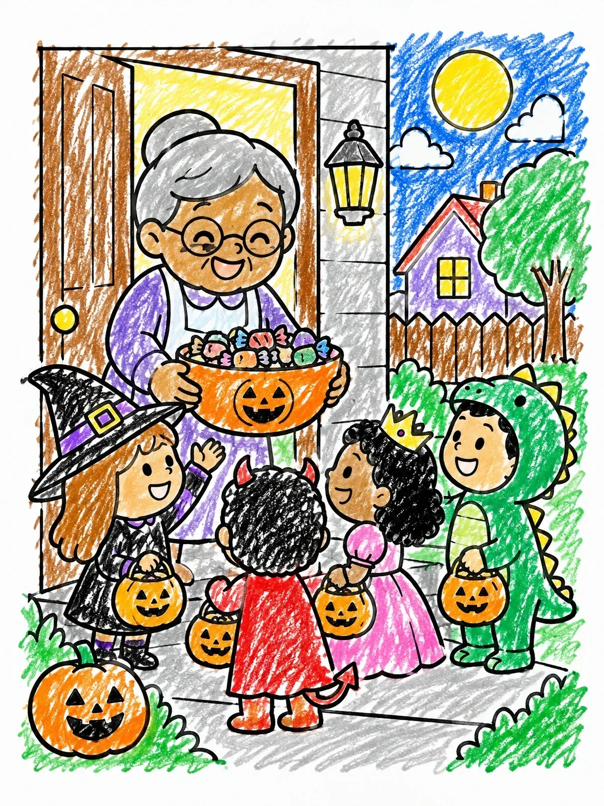 Colored example of the Grandmother Sharing Halloween Treats coloring page