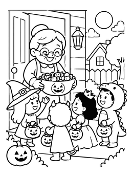 A kawaii halloween coloring page of a kind grandmother offering candy to trick-or-treaters.