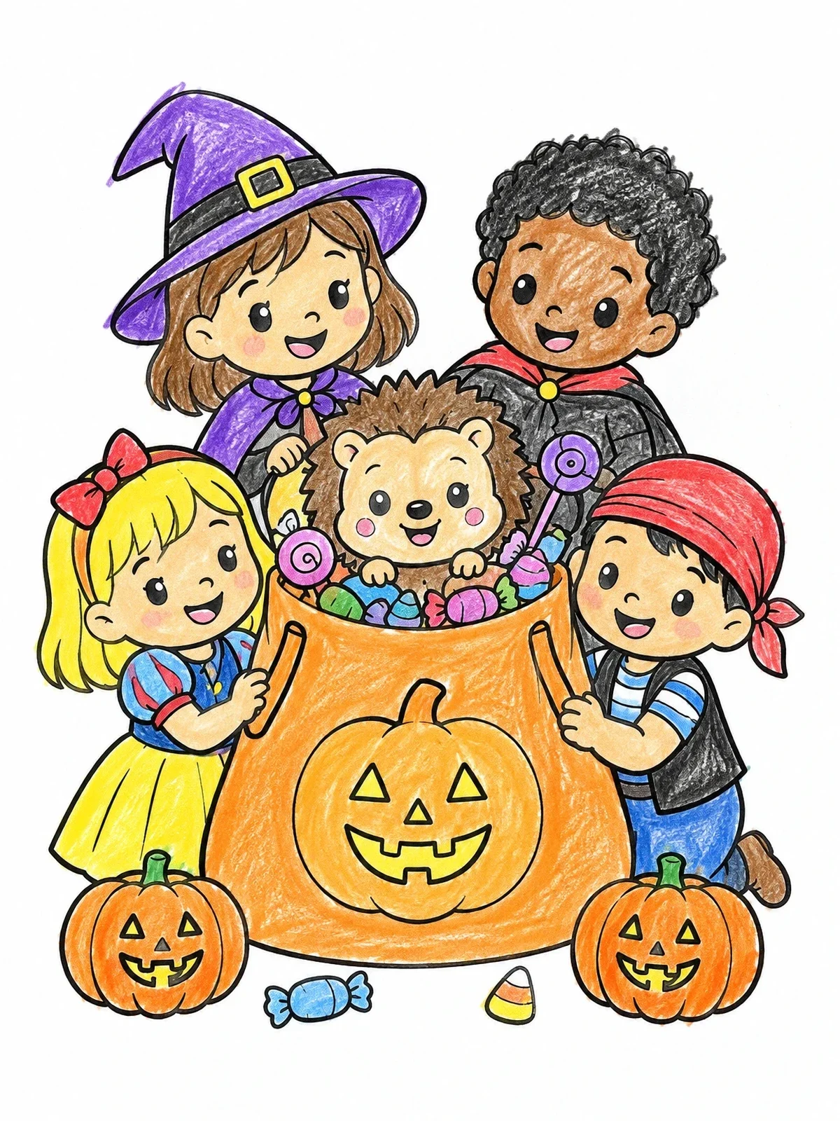 Colored example of the Hedgehog And Kids Halloween Surprise coloring page