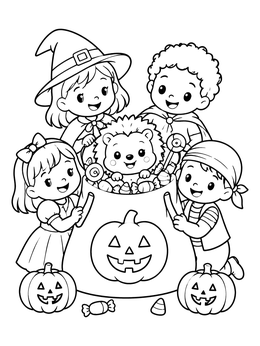 A cute kawaii halloween coloring page with trick-or-treating kids finding a hedgehog in a candy pot.