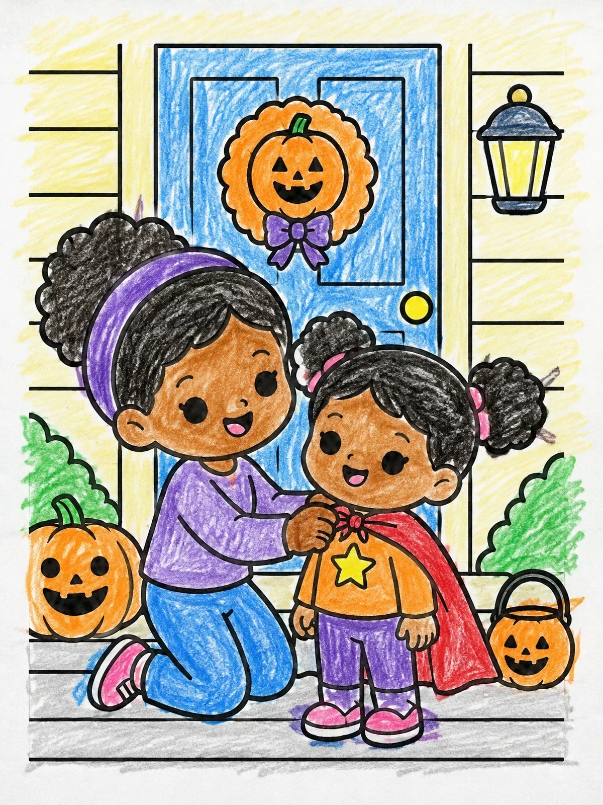 Colored example of the Helping Sibling Put On Halloween Cape coloring page