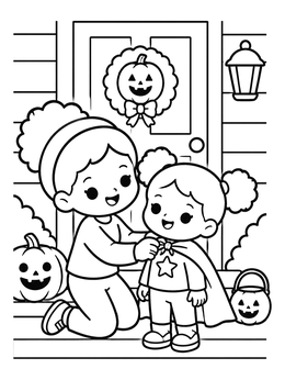A sweet kawaii halloween coloring page with an older sibling tying a cape for a toddler on a front porch.