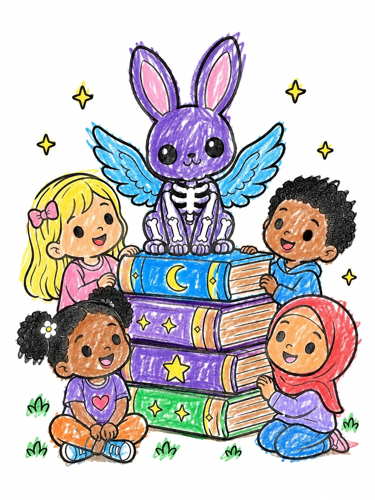 Colored example of the Children With Winged Skeleton Bunny And Books coloring page