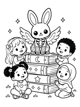 A winged skeleton bunny on books surrounded by kids in a kawaii halloween coloring page.