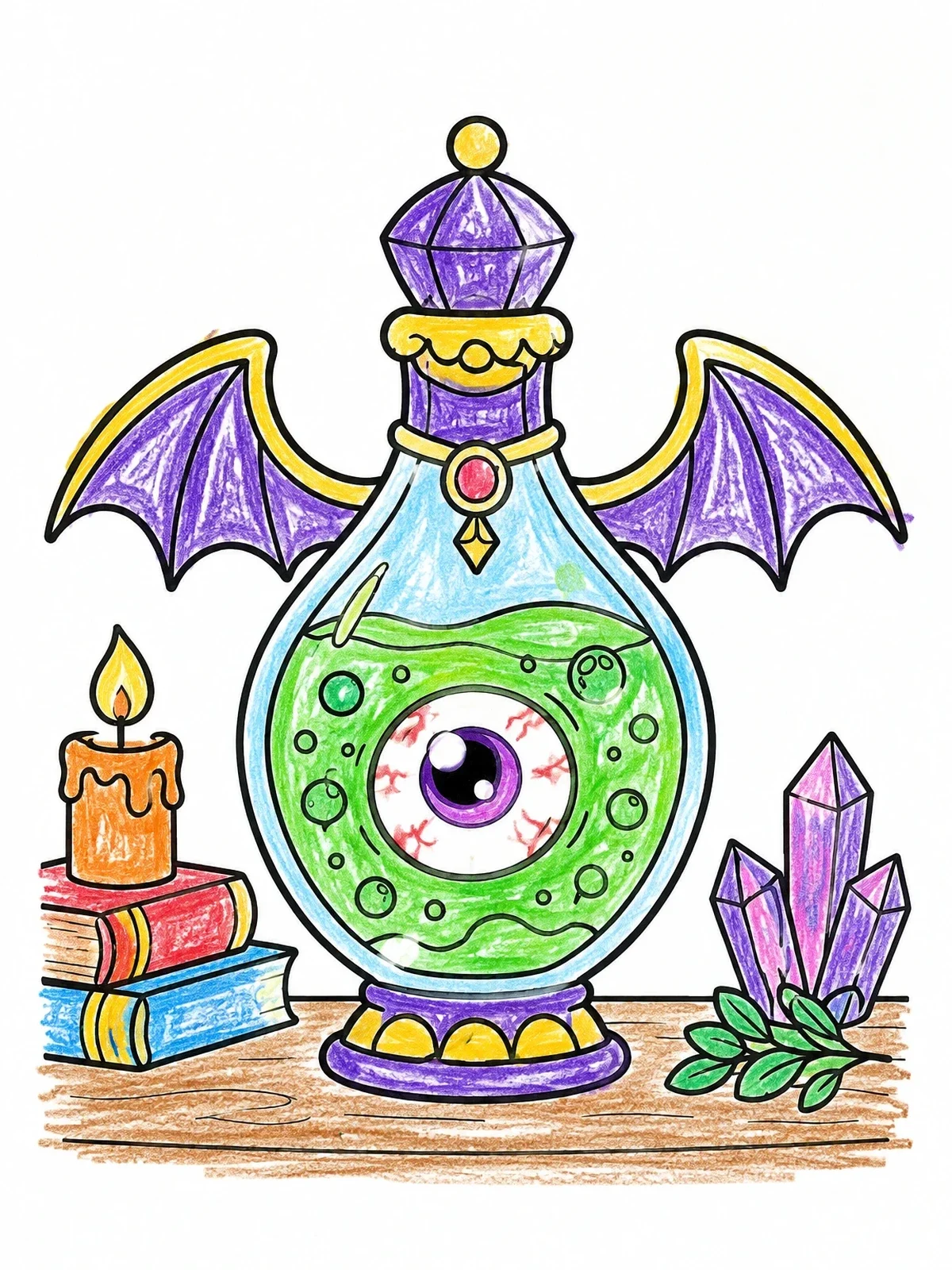 Colored example of the Magic Eyeball Potion Bottle With Bat Wings coloring page