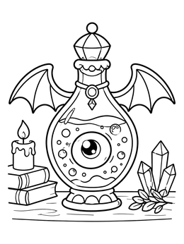 A kawaii halloween coloring page of a winged magic potion bottle with an eyeball floating inside.