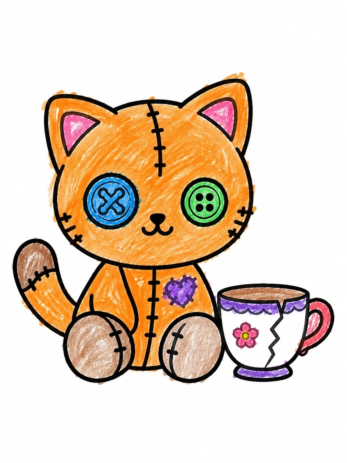 Colored example of the Stitched Ragdoll Cat And Teacup coloring page