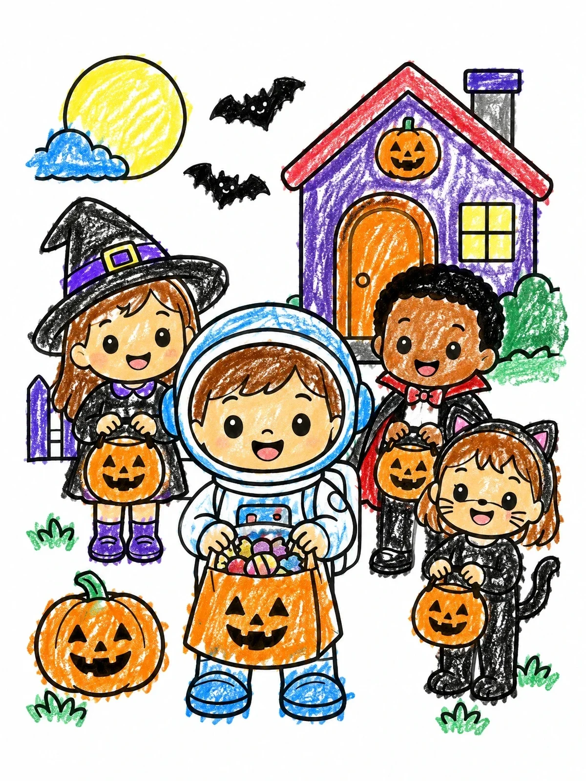 Colored example of the Trick Or Treat Astronaut And Friends coloring page