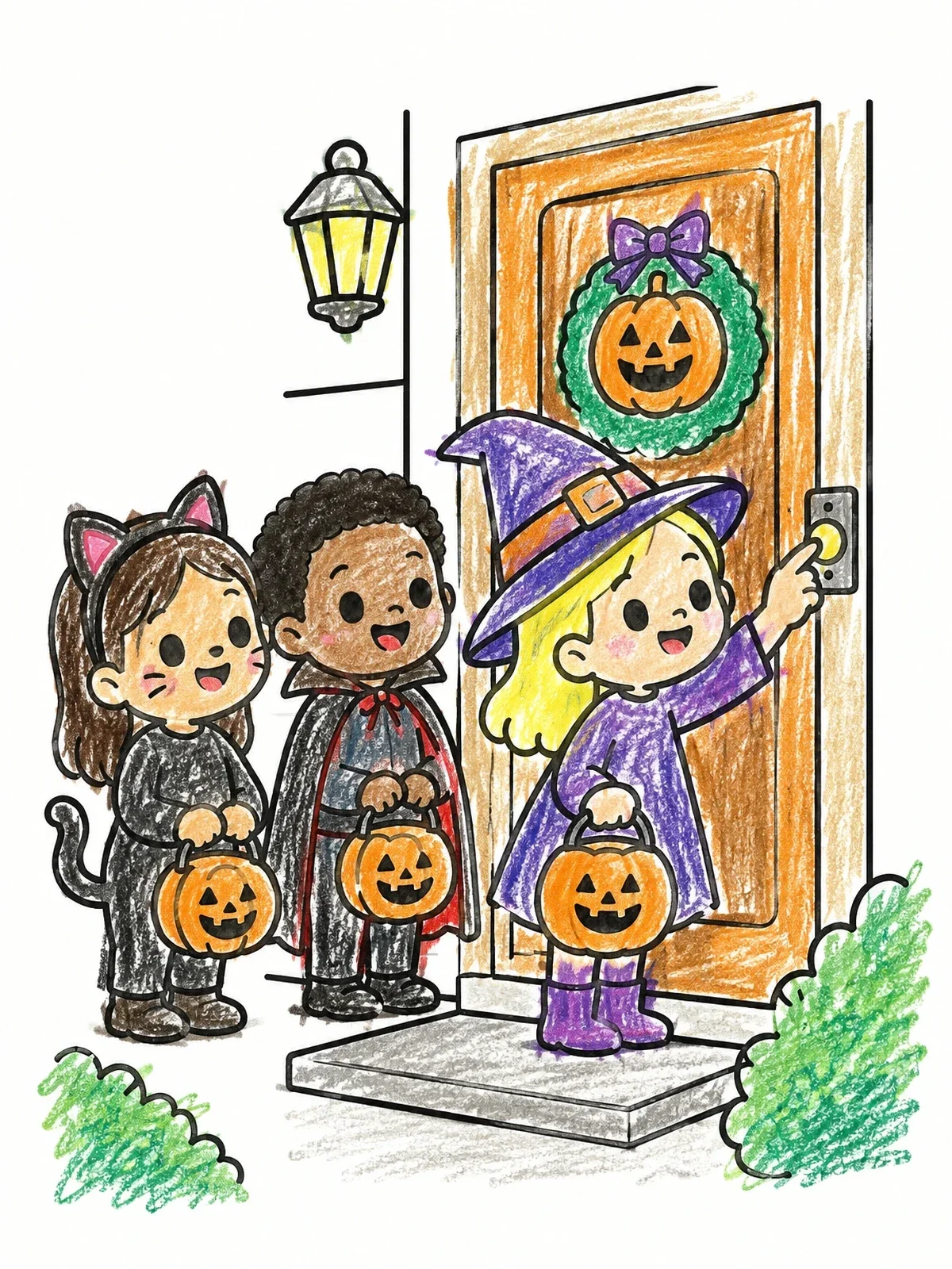 Colored example of the Trick Or Treaters At The Door coloring page