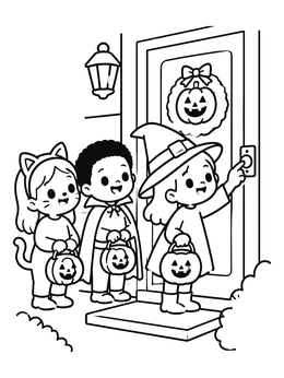 Free printable Trick Or Treaters At The Door coloring page