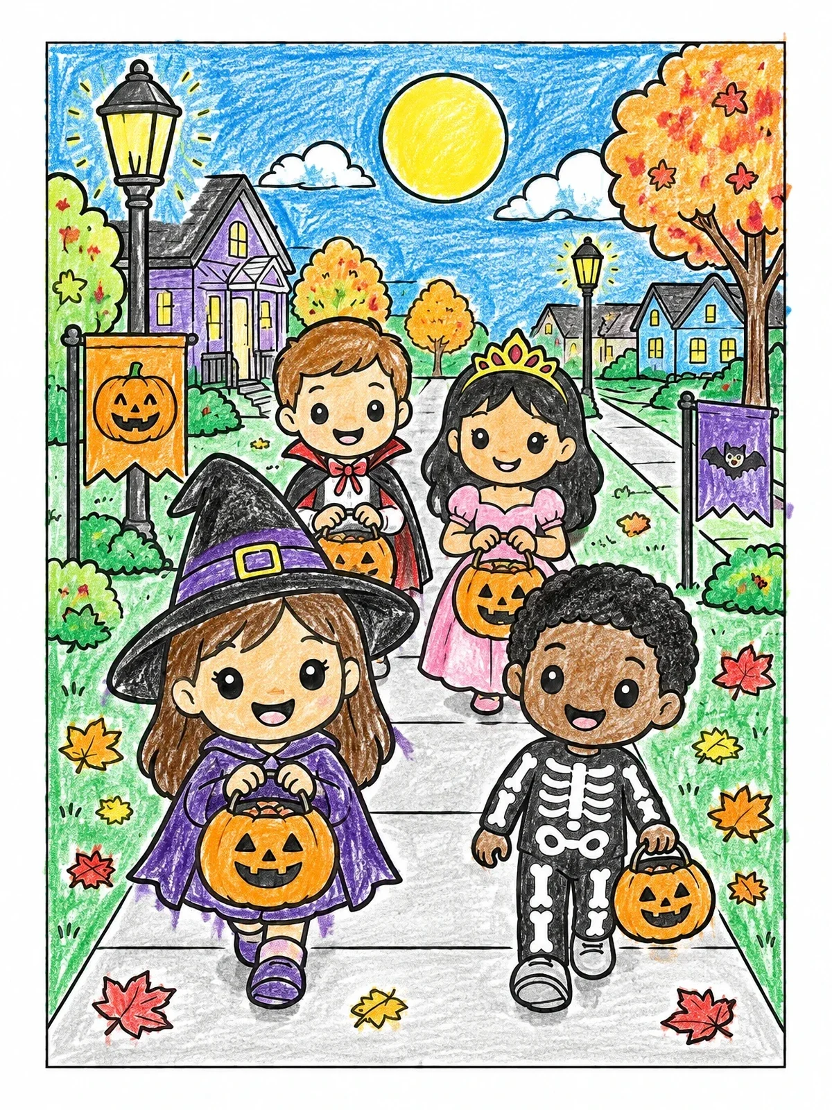 Colored example of the Trick Or Treating Neighborhood Walk coloring page