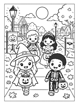 Cute children in costumes on a kawaii halloween coloring page walking along a neighborhood sidewalk.