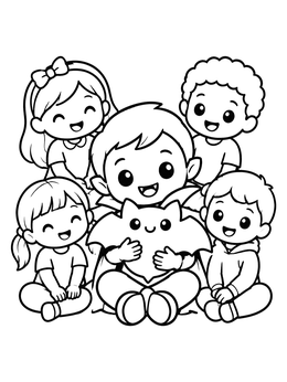 A kawaii halloween coloring page with a cute vampire boy holding a bat pillow with friends.