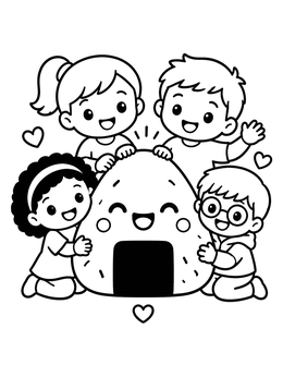Free printable Happy Kids With Giant Onigiri coloring page