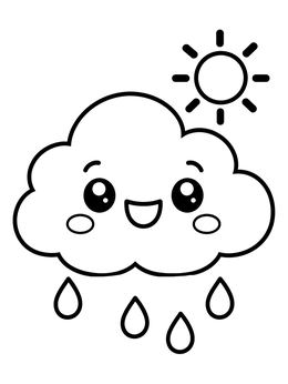 A cheerful rain cloud and smiling sun in a kawaii coloring page.