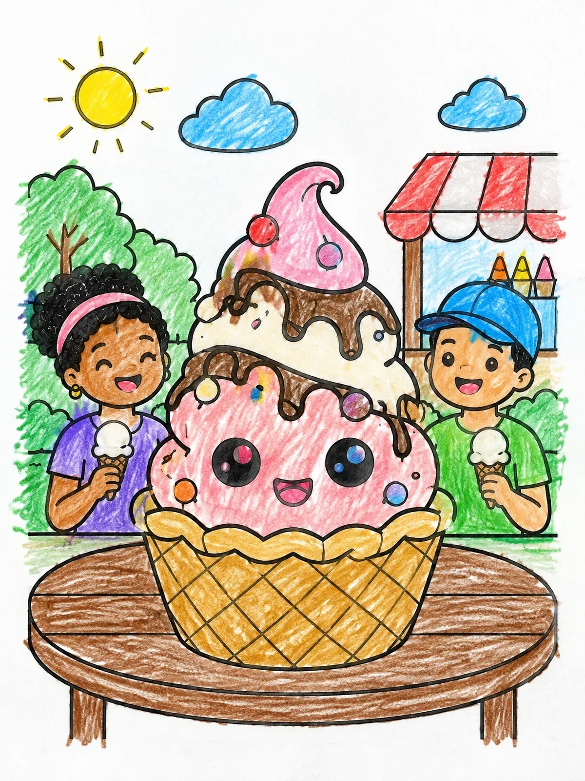 Colored example of the Kawaii Ice Cream Bowl With Kids coloring page