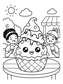A cute summer kawaii coloring page featuring a giant ice cream bowl and two happy children outside.