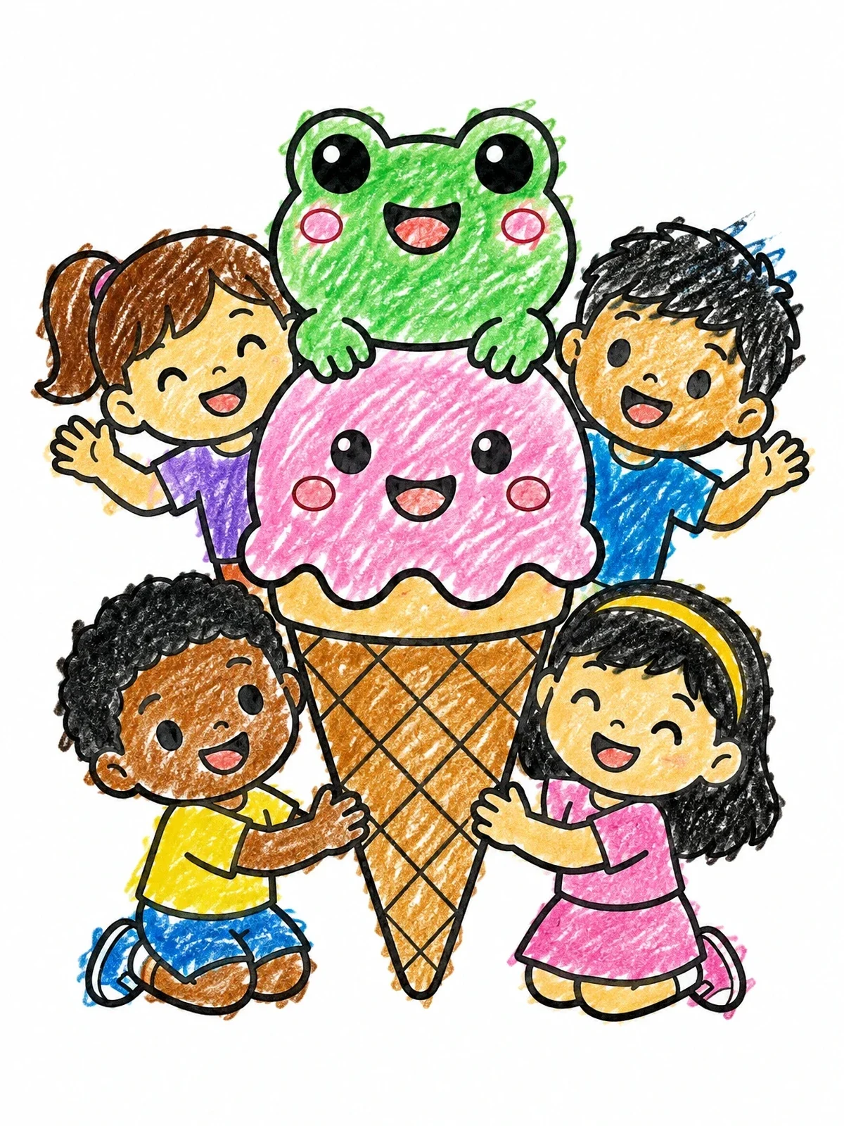 Colored example of the Kids With Cute Frog Ice Cream Cone coloring page