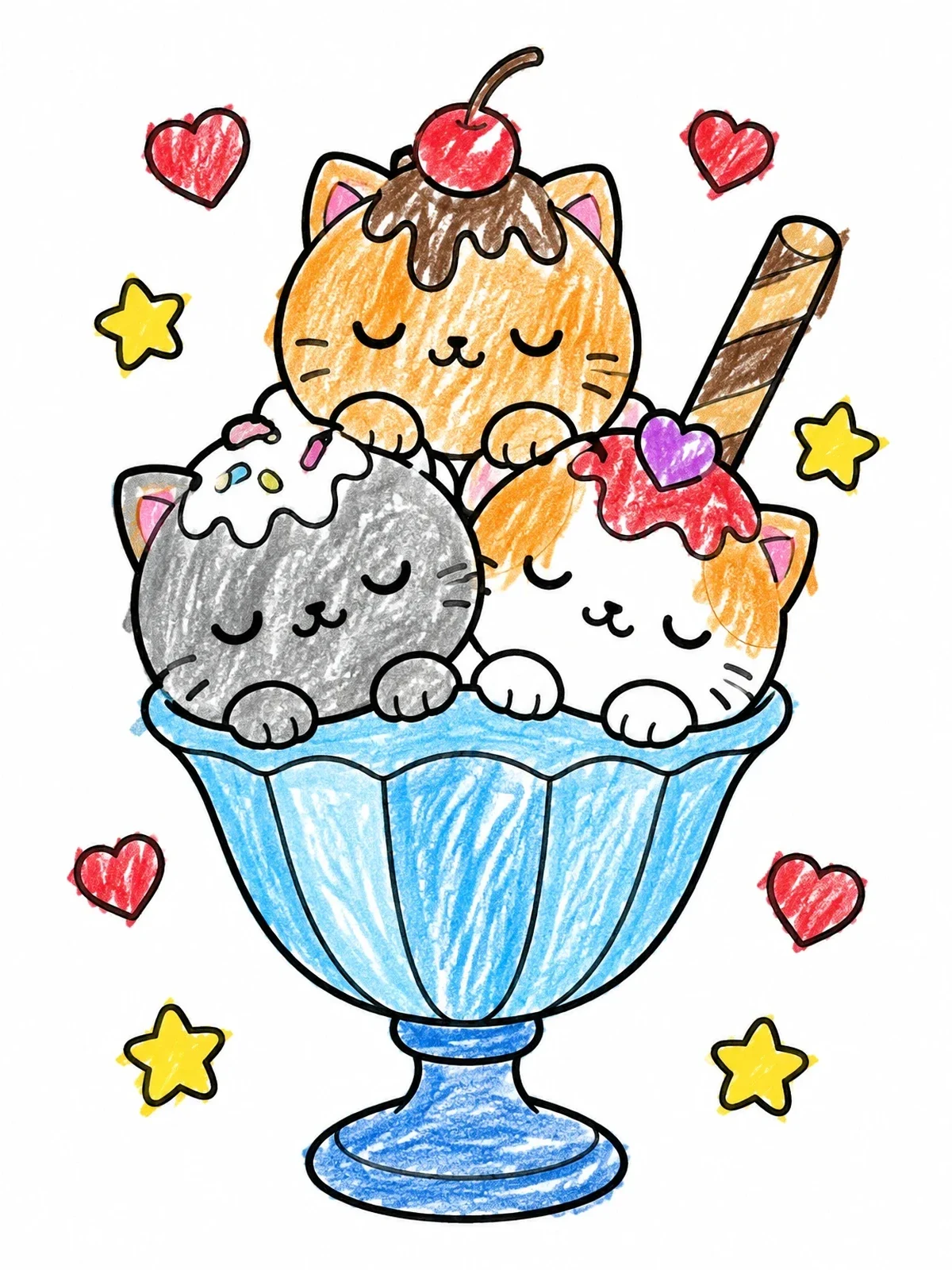 Colored example of the Cute Cat Ice Cream Sundae coloring page