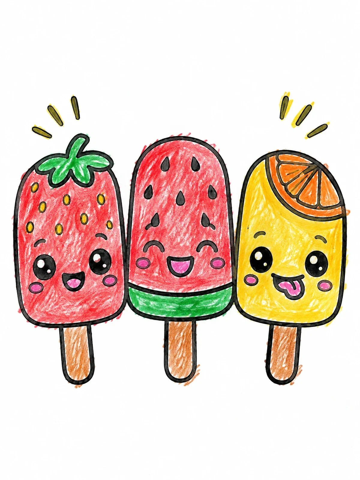 Colored example of the Cute Fruit Popsicles With Faces coloring page