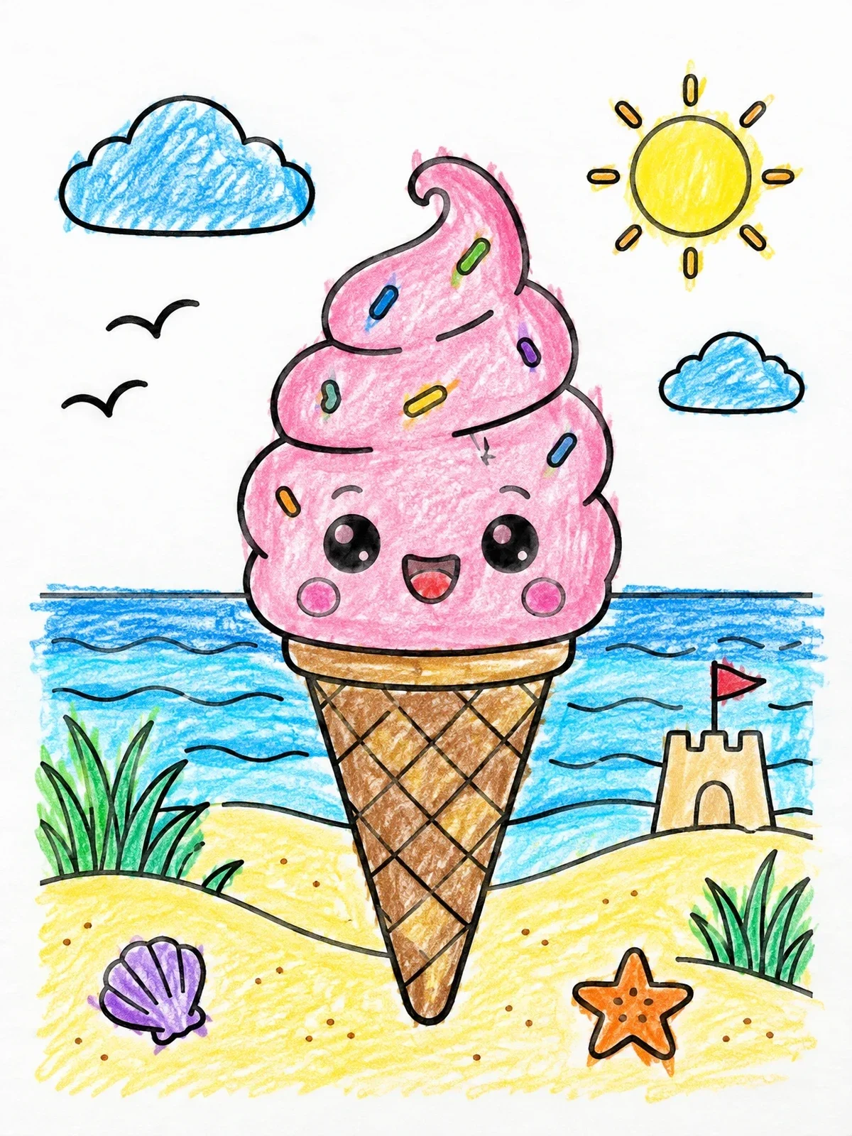 Colored example of the Cute Ice Cream Cone At The Beach coloring page