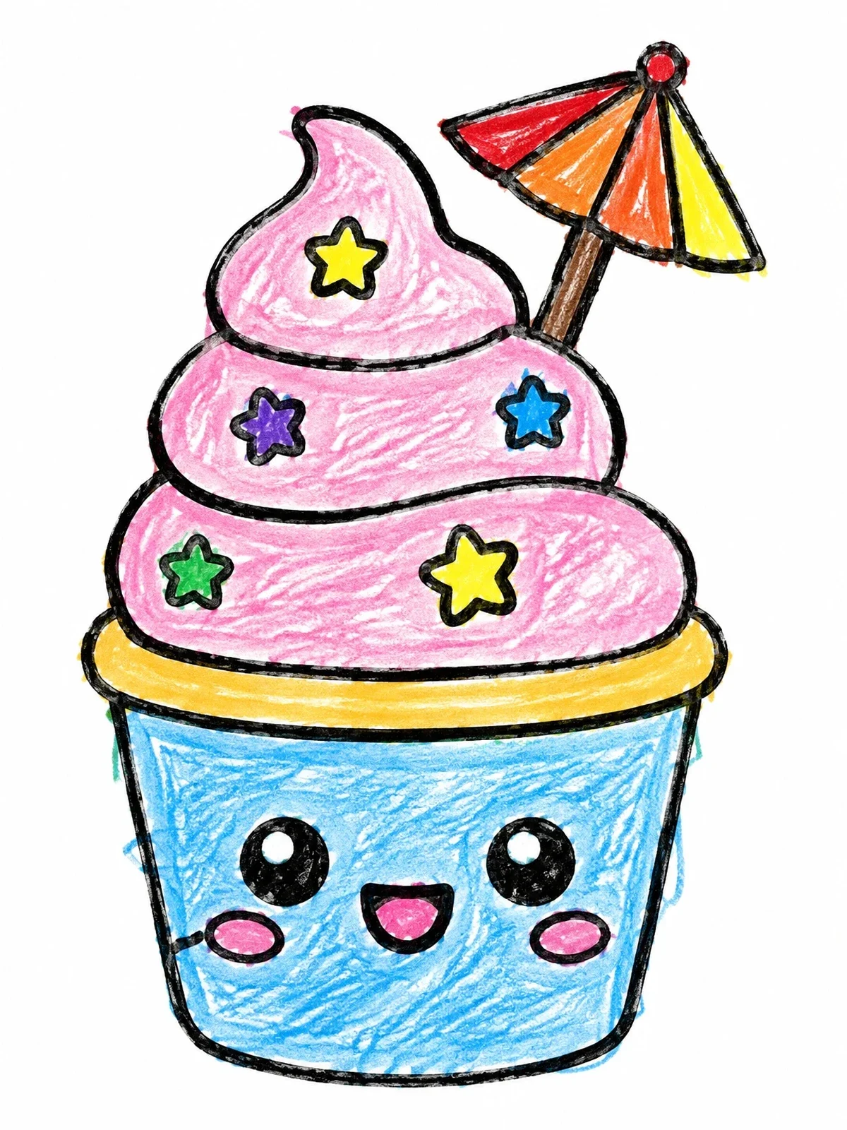 Colored example of the Cute Ice Cream Cup With Umbrella coloring page