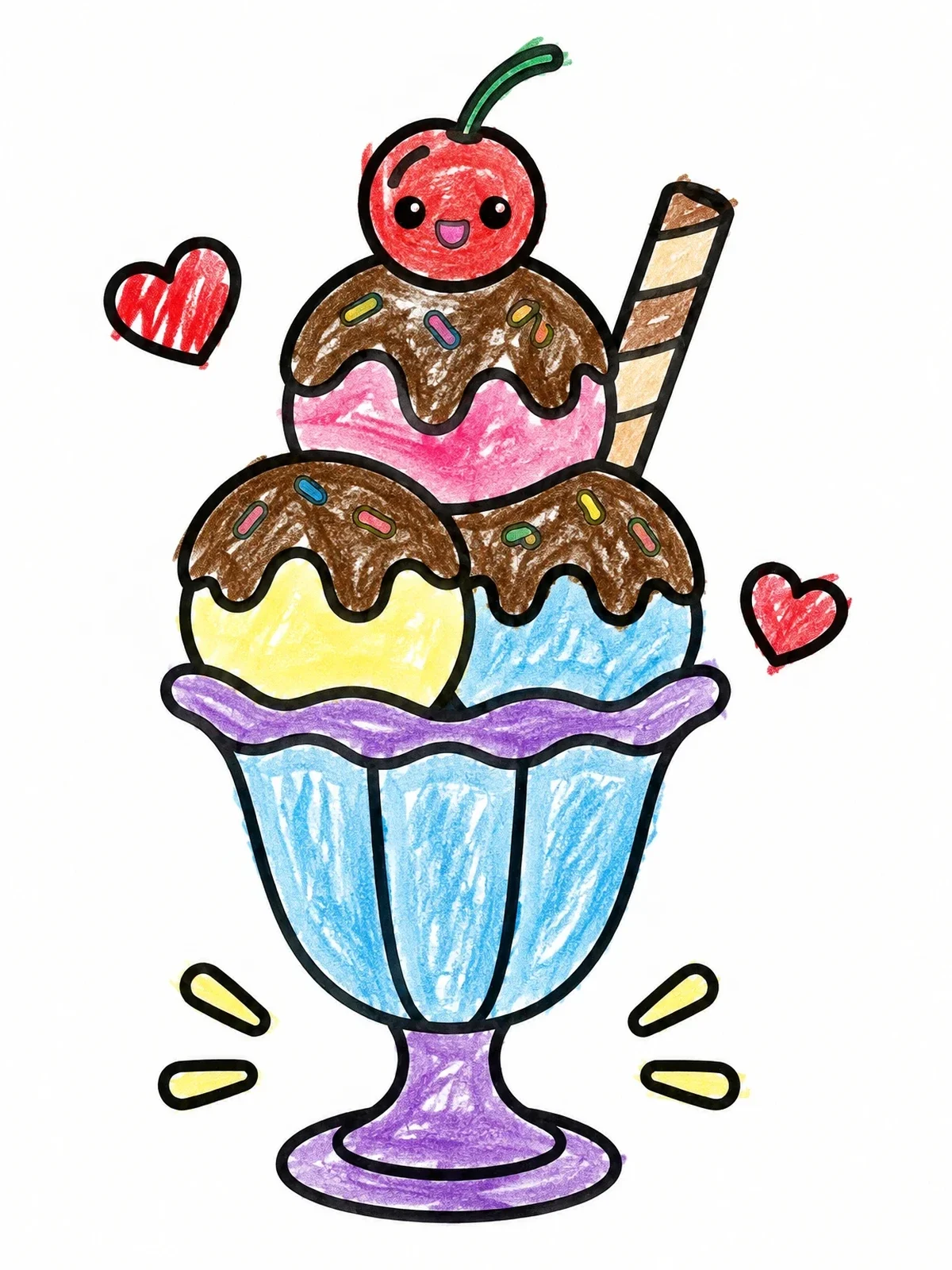 Colored example of the Cute Ice Cream Sundae With Smiling Cherry coloring page