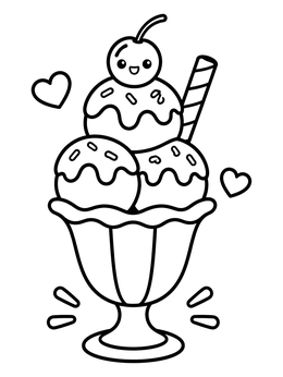 Free printable Cute Ice Cream Sundae With Smiling Cherry coloring page