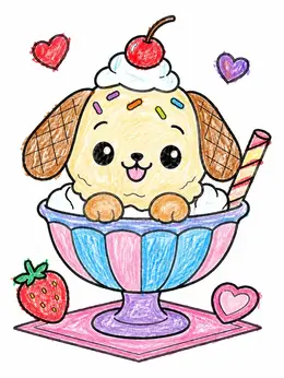 Sundea Pudding Cute Puppy Sundae Dessert Bowl – Kawaii Ice Cream Coloring Page
