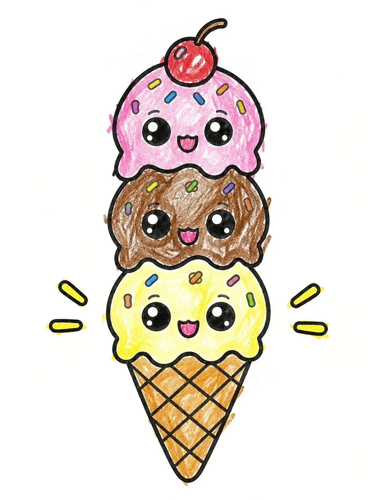 Colored example of the Cute Stacked Ice Cream Cone coloring page