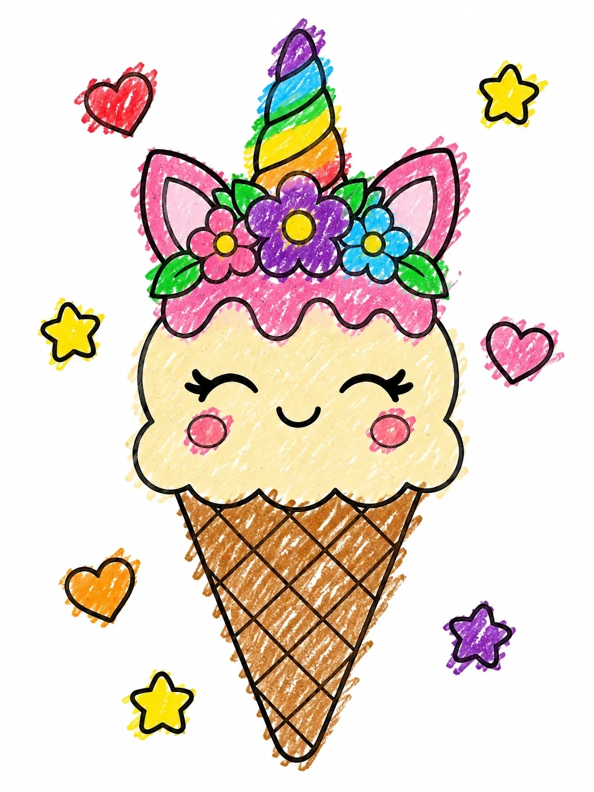 Colored example of the Cute Unicorn Ice Cream Cone coloring page