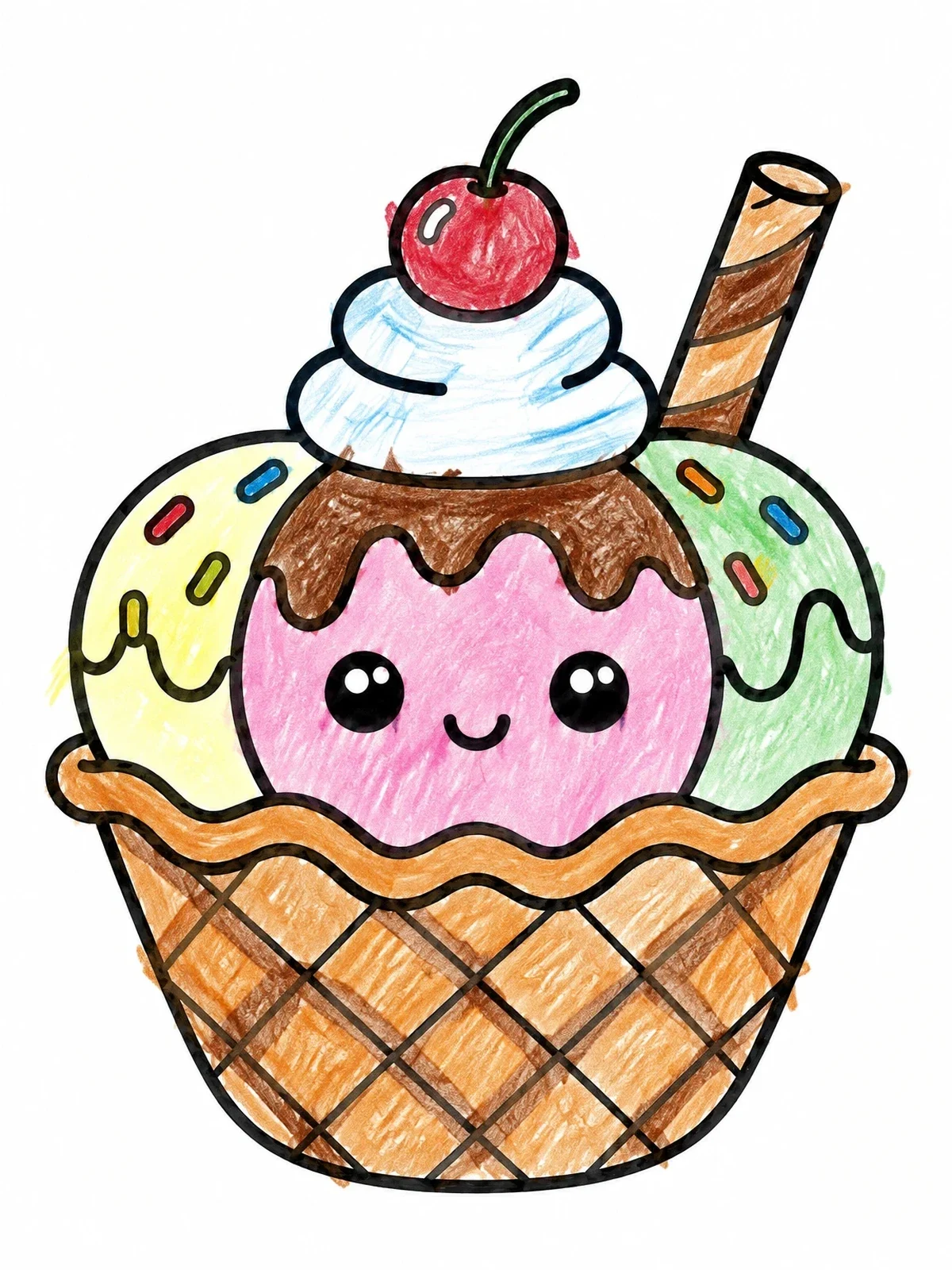 Colored example of the Cute Waffle Bowl Sundae coloring page