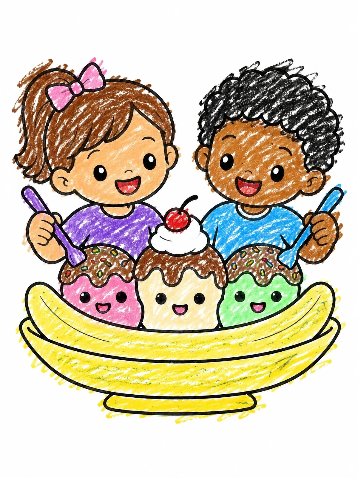 Colored example of the Friends Sharing A Giant Banana Split coloring page