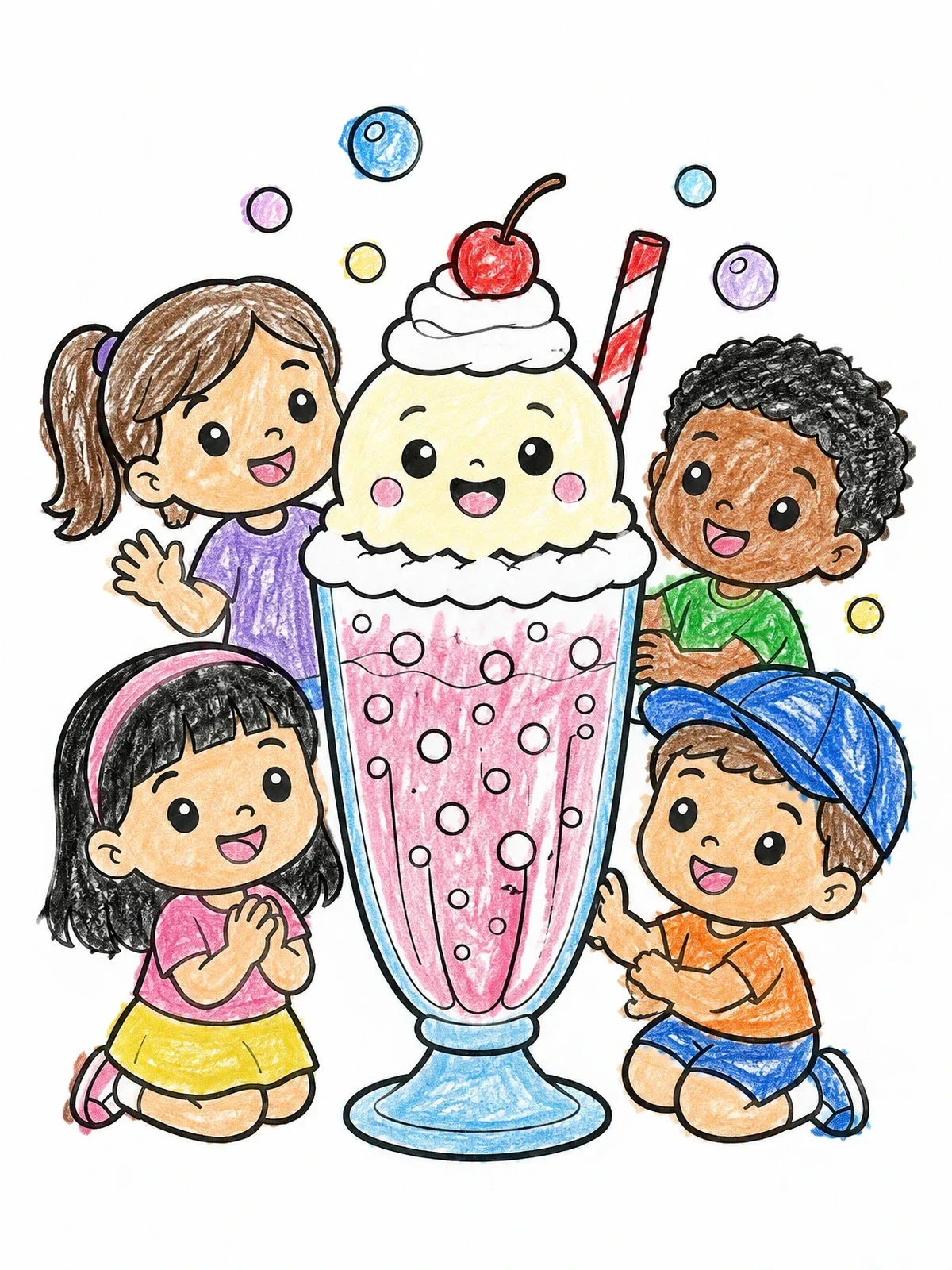 Colored example of the Happy Kids With Giant Ice Cream Float coloring page