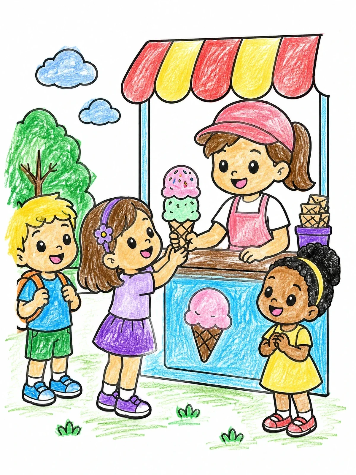Colored example of the Children Buying Ice Cream Cones coloring page
